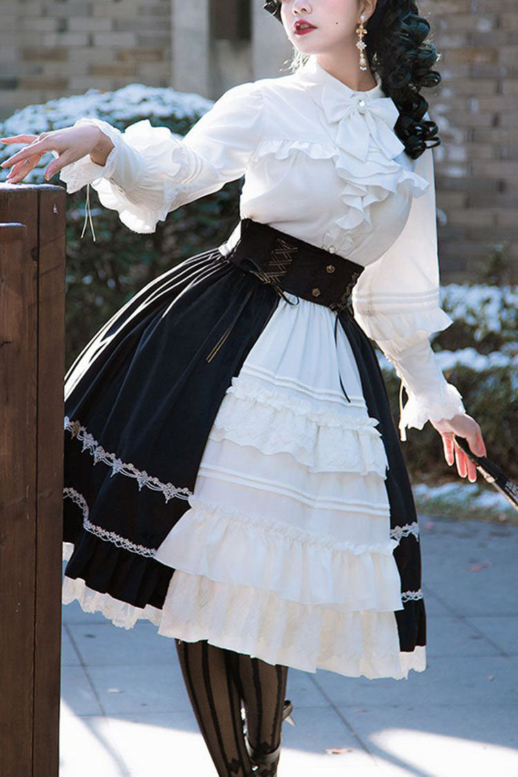 White/Black Stitching Cardigan Ruffled Multi-Layer Gothic Lolita Skirt Dress - White - 1