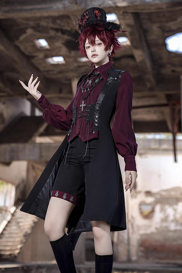 Red Lapel Collar Long Sleeves Embroidery Slim Gothic Vintage Prince Ouji Lolita Blouse - Red - 1