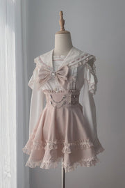 Pink [Apprentice Witch] Off Shoulder Navy Collar Short Sleeves Ruffled Bow Lace Pearl Detail Classic Jirai Kei Japanese Skirt Set - Pink(Set) - 1