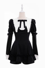 Black/White Long Sleeves Ruffle Bowknot Jirai Kei Japanese Witch Set - Product - 4