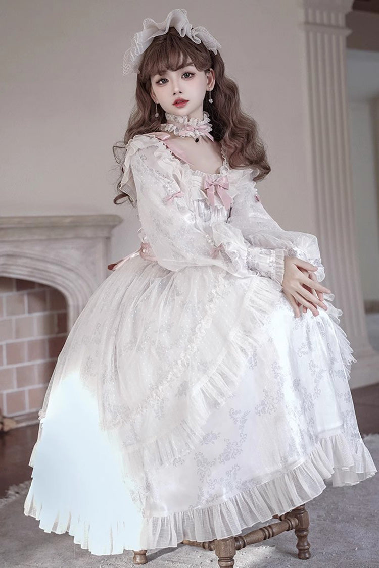 Ivory Long Sleeves Rose Print Bowknot Sweet Princess Lolita Dress - Product - 7
