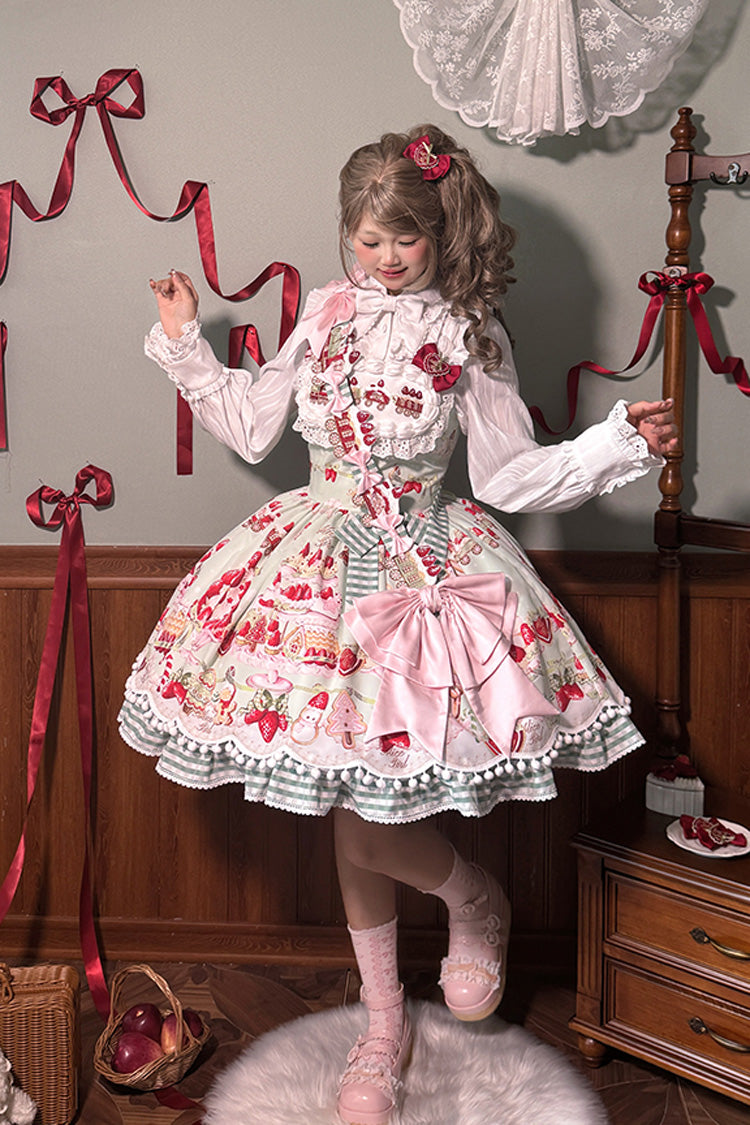 Mint Strawberry Dessert Print Natural Waisted Ruffle Bowknot Sweet Lolita JSK Dress 4 Colors - Product - 12