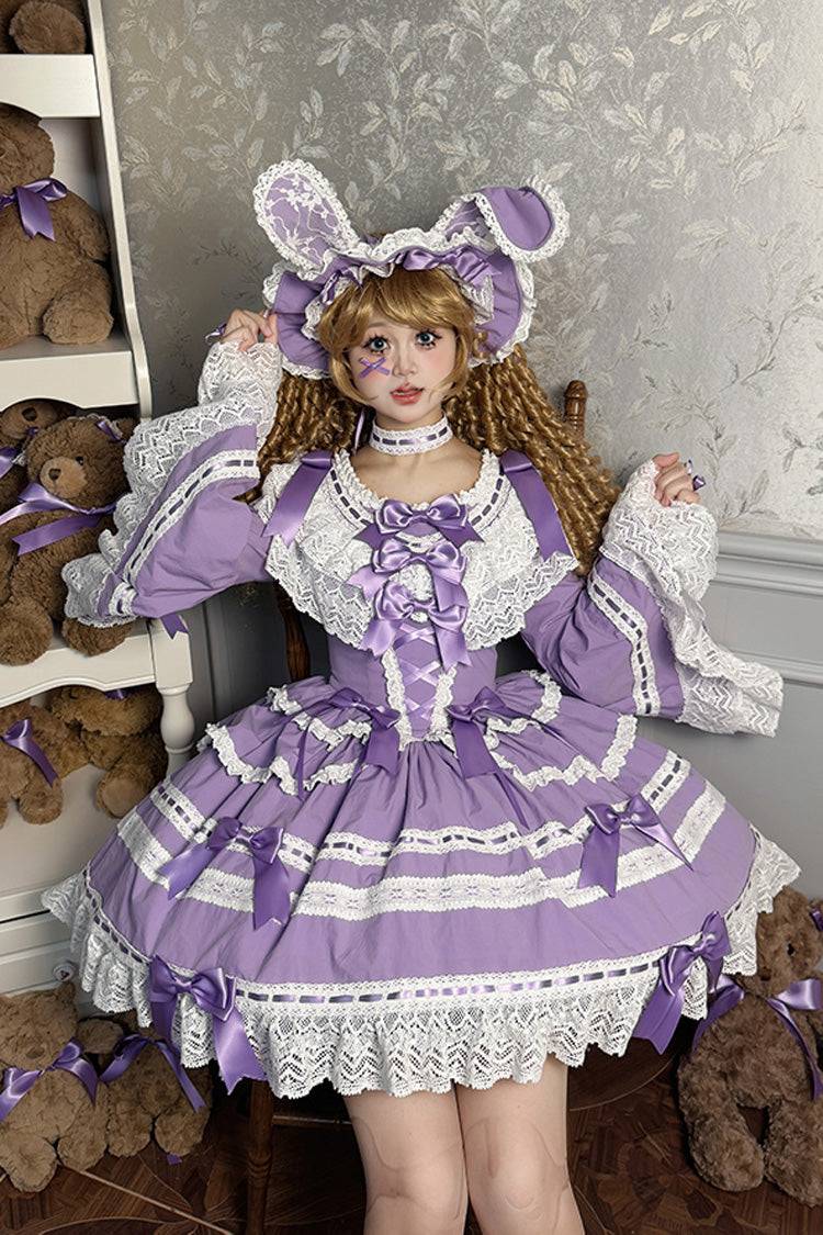Purple [Rabbit Sleeping Doll] Long Trumpet Sleeves Ruffle Bowknot Lace Sweet Lolita Dress - Product - 3