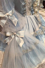 Blue Multi-Layered Ruffle Hanayome Bowknot Lace Sweet Princess Lolita Dress - Product - 7