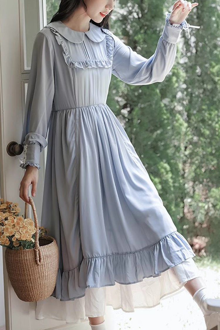 Blue Doll Collar Long Sleeves Ruffle Sweet Elegant Princess Lolita Dress - Blue - 1