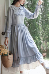 Blue Doll Collar Long Sleeves Ruffle Sweet Elegant Princess Lolita Dress - Blue - 1