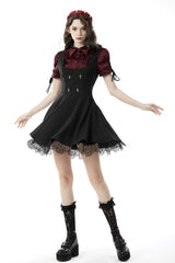 Wine Red Point Collar Short Puff Sleeves Ruffled Women's Gothic Elegant Blouse - Wine-Red - 1