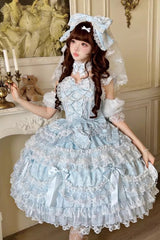 Blue [Dream of the Misty Moon] Sleeveless Multi-Layered Ruffled Bow Lace Pearl-Decorated Sweet Princess Lolita Jsk Dress - Blue - 1