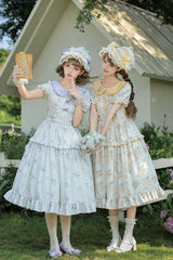 [Breezy Summer Blossoms] Peter Pan Collar Short Sleeves Jacquard Printed Ruffled Embroidered Bow Sweet Lolita Dress 2 Colors (Yellow, Purple) - Yellow(Daisy-Printed) - 1
