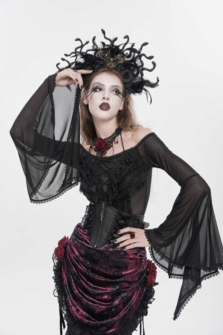 Black Off Shoulder Long Trumpet Sleeves Ruffled Embroidered Lace-Up Women's Gothic Blouse - Product - 4
