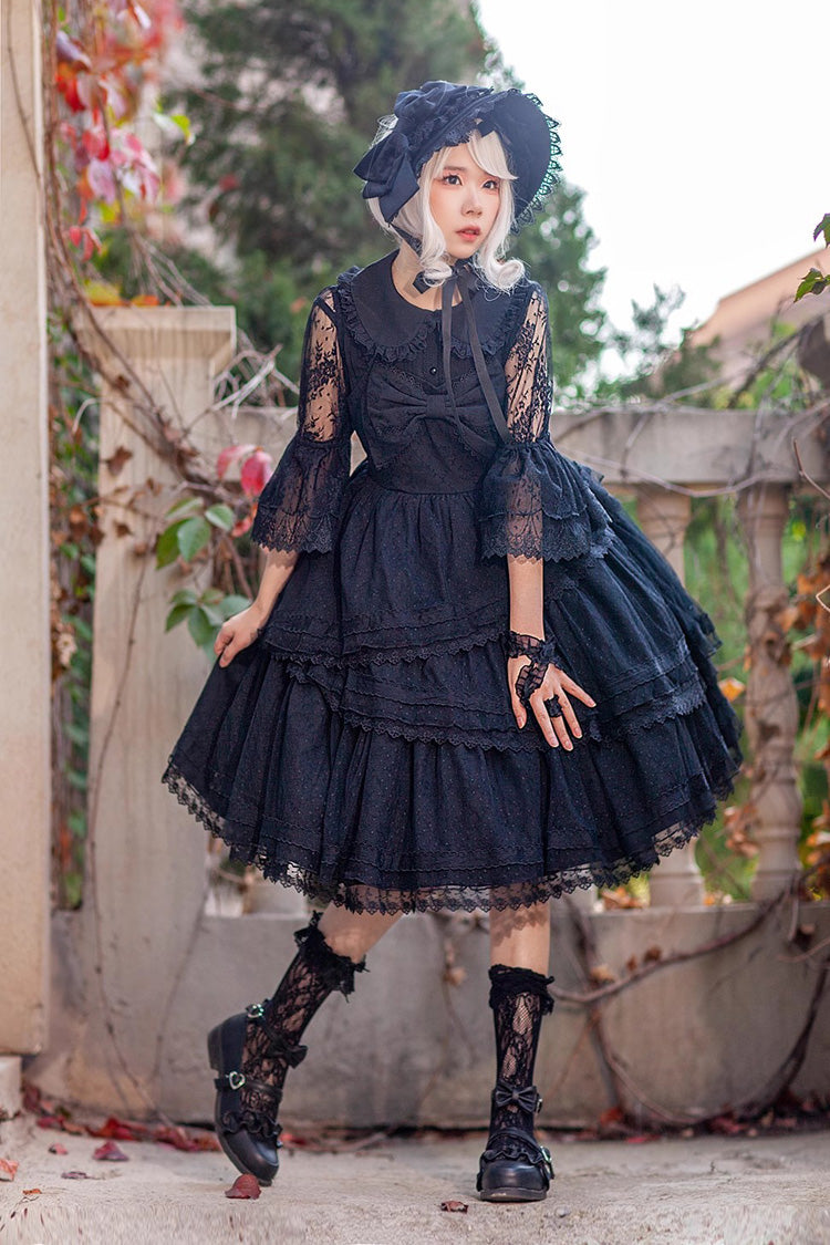 Black Solid Color Tower of Dawn Bowknot Sleeveless Ruffle Gothic Lolita Dress - Product - 2