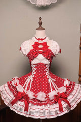 Wine Red Halterneck Short Sleeves Triple-Layered Polka Dot Printed Bow Lace-Up Sweet Lolita Dress - Wine-Red - 1