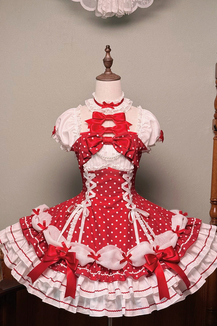 Wine Red Halterneck Short Sleeves Triple-Layered Polka Dot Printed Bow Lace-Up Sweet Lolita Dress - Wine-Red - 1