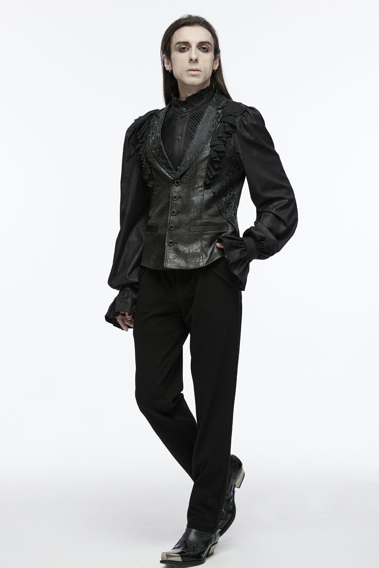 Black Sleeveless Buckle-up Ruffle Men's Gothic Vest - Product - 10
