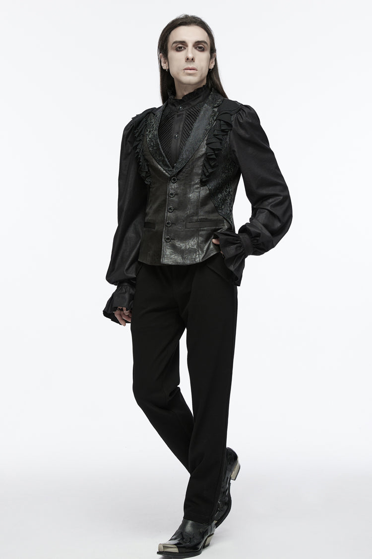 Black Sleeveless Buckle-up Ruffle Men's Gothic Vest - Product - 10