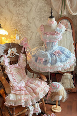 Blue Triple-Layered Ruffled Bow Lace-Up Slim Ballet Sweet Lolita Dress - Product - 19