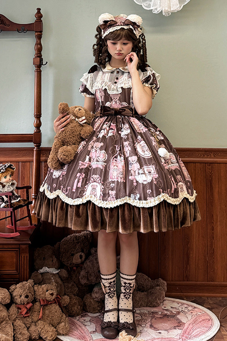 Brown Bear Doll Wall Print Short Sleeves Ruffle Embroidery Bowknot Sweet Lolita Dress - Brown - 1
