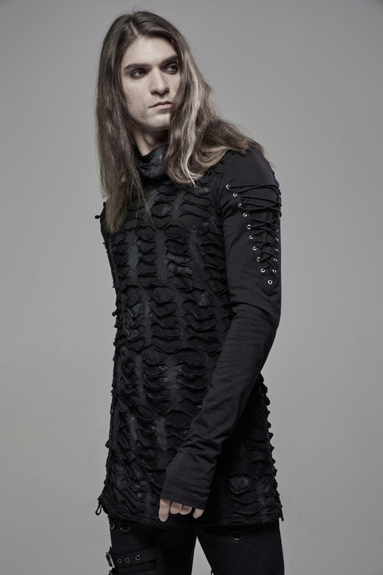 Black Long Sleeves Lace-Up Hooded Ripped Pleated Men's Gothic Cool T-Shirt - Product - 10