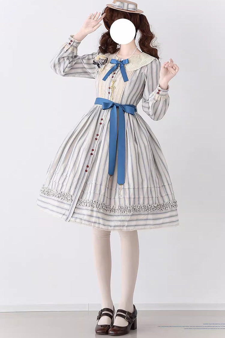 Forest Atlas Striped Print Long Sleeves Bowknot Sweet Lolita Dress 3 Colors - Product - 12