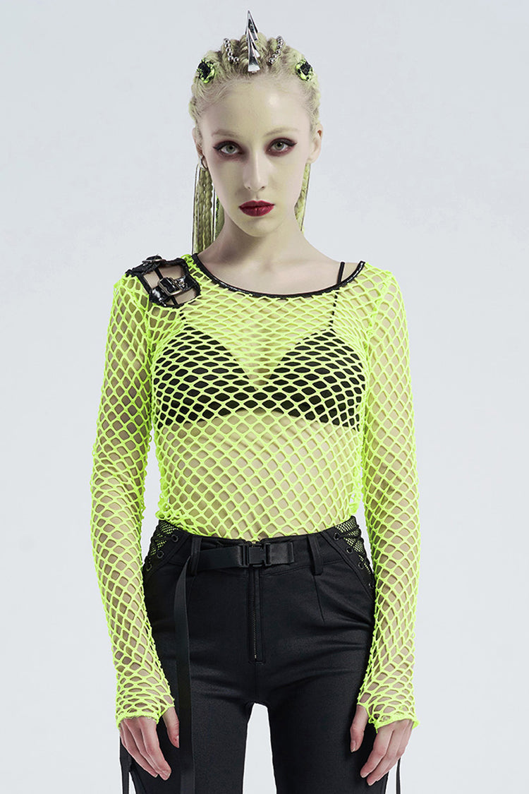 Green Long Sleeve Round Collar Shoulder Hollow Out Leather Hasp Coarse Mesh Women's Punk T-Shirt - Green - 1
