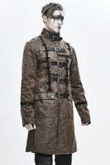 Brown Steampunk Patch Mens Long Leather Coat - Product - 2