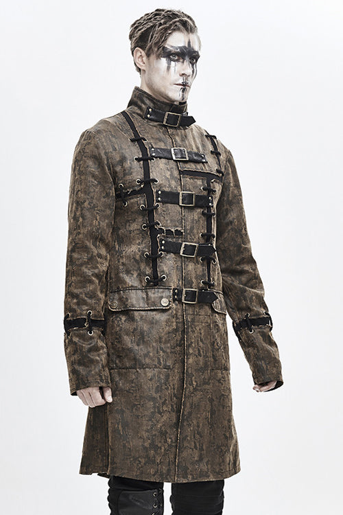 Brown Steampunk Patch Mens Long Leather Coat - Product - 2