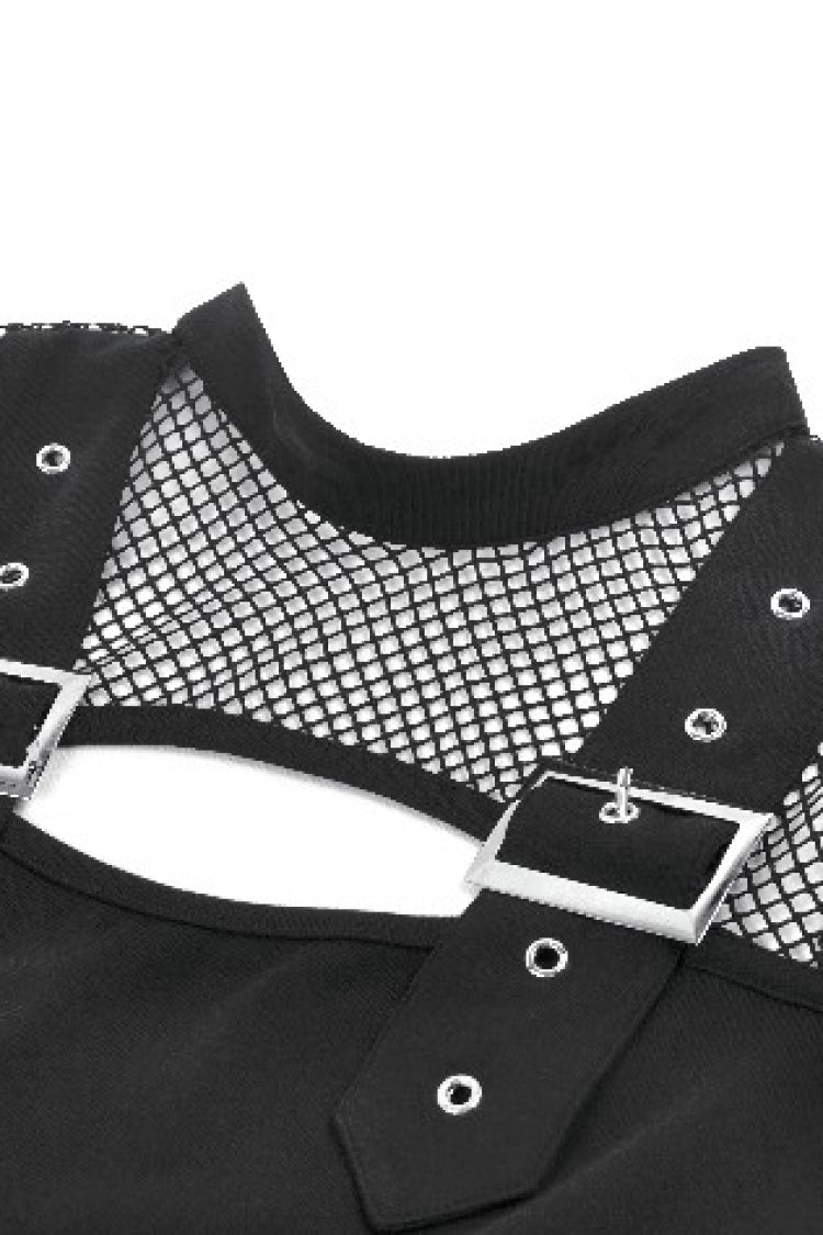 Black Women's Punk Long Sleeves Cut-Out Buckled Strap Mesh Splice Top - Product - 12