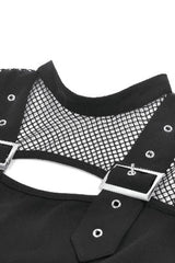 Black Women's Punk Long Sleeves Cut-Out Buckled Strap Mesh Splice Top - Product - 12