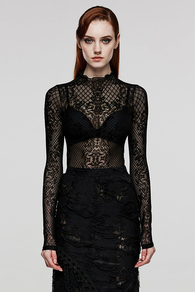 Black Long Sleeves Mesh Women's Gothic Blouse - Black - 1