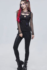 Black Punk Knitted Over Glue Metal Buckle Decoration Elasticity Leather Women's Leggings - Product - 7