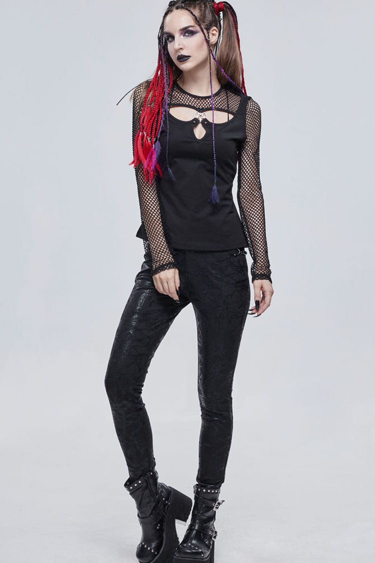 Black Punk Knitted Over Glue Metal Buckle Decoration Elasticity Leather Women's Leggings - Product - 7