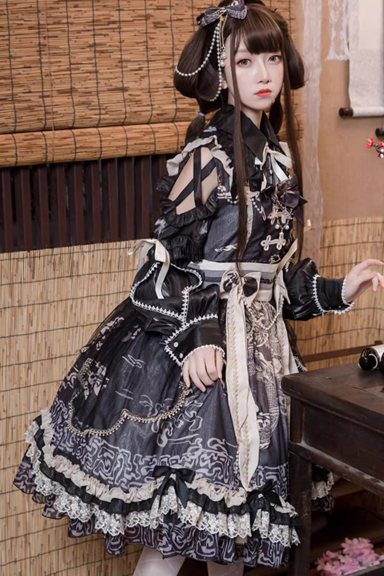 Black [Yuelong Poetry] Print Ruffle Lace Sweet Chinese Style Lolita Jsk Dress - Product - 2