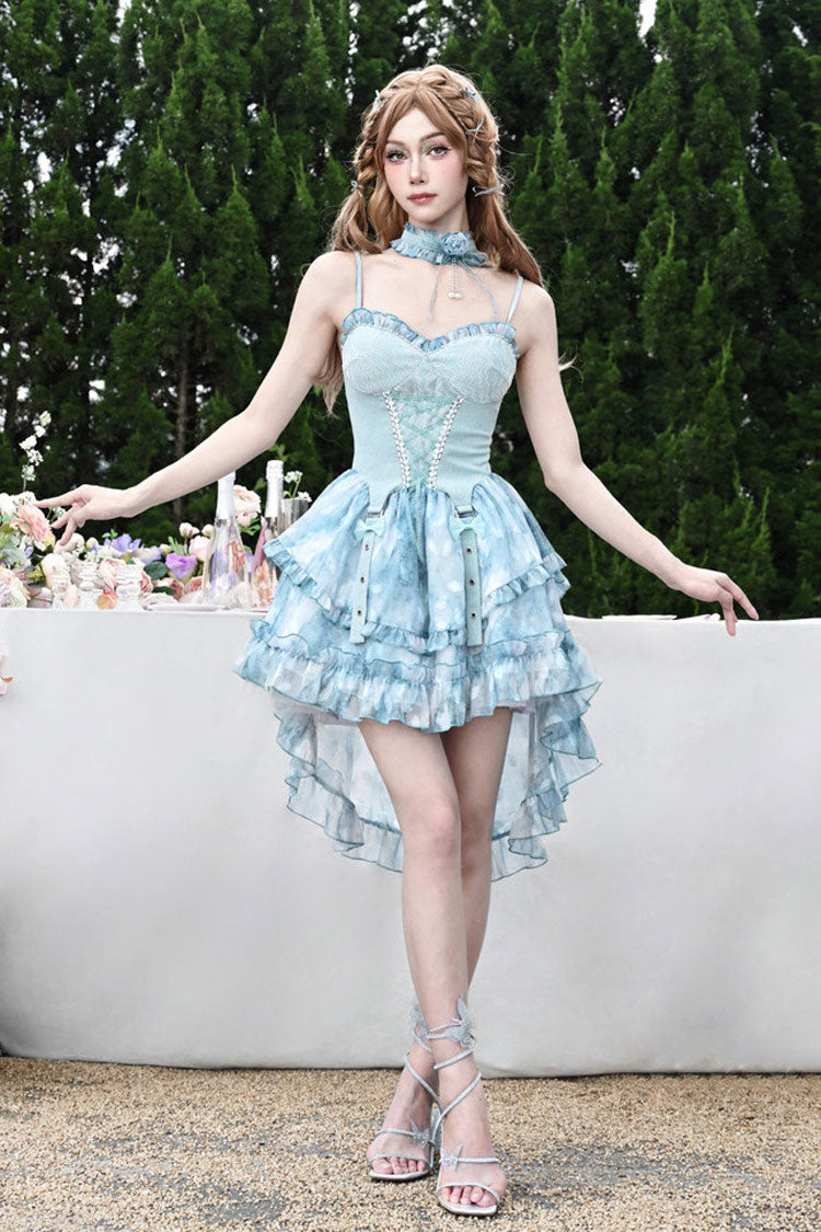 Blue [Mirrorless Dream] Double-Layered Tie-dyed Print Ruffle Bowknot Lace Train Sweet Lolita Jsk Dress - Product - 7
