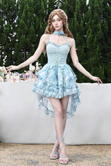 Blue [Mirrorless Dream] Double-Layered Tie-dyed Print Ruffle Bowknot Lace Train Sweet Lolita Jsk Dress - Product - 7