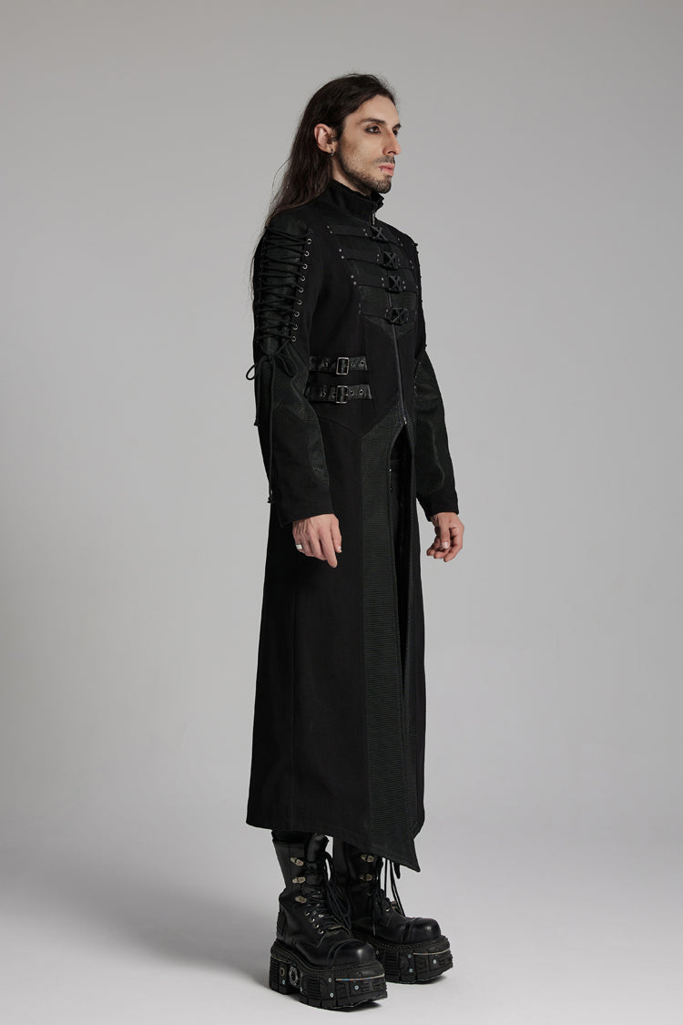 Black Buckle-up Rivets Long Sleeves Lace-Up Men's Punk Long Jacket - Product - 2