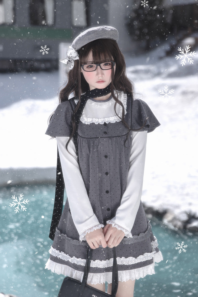 Grey Square Collar Long Sleeves Polka Dot Printed Ruffled Sweet Lolita Dress - Product - 10