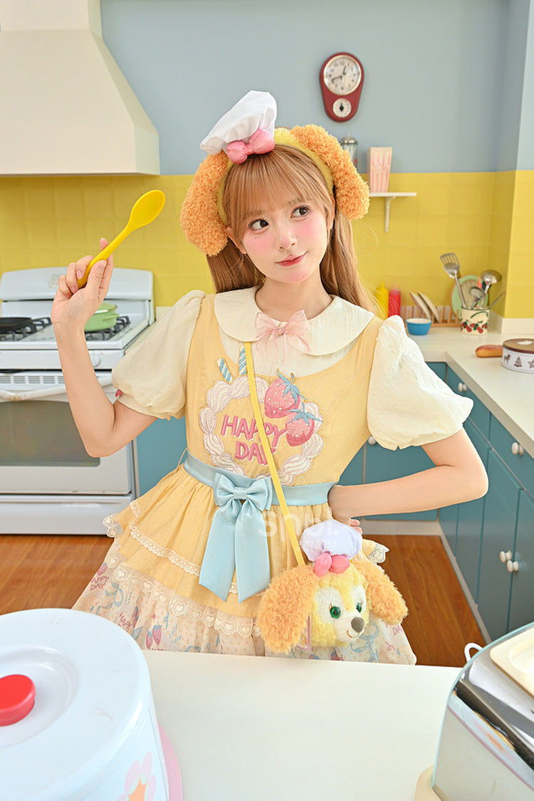 Yellow [Happy Day] Short Sleeves Triple-Layered Print Bowknot Lace Sweet Princess Lolita Dress - Product - 7