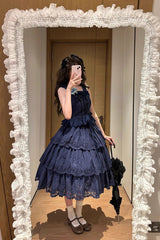 Dark Blue [Forest Waltz] Embroidery Bowknot Lace-Up Slim Sweet Elegant Lolita Suspender Top - Product - 5