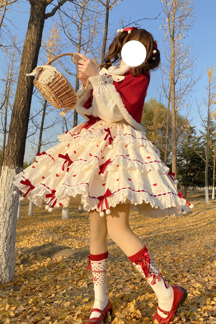 Red/Apricot Triple-Layered Print Ruffle Bowknot Lace Sweet Princess Lolita Dress Cloak Set - Product - 2