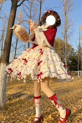 Red/Apricot Triple-Layered Print Ruffle Bowknot Lace Sweet Princess Lolita Dress Cloak Set - Product - 2