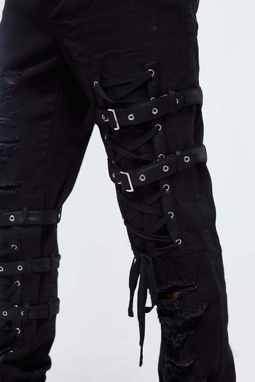 Black Asymmetric Loops Ragged Punk Rock Broken Holes Bandage Mens Pants - Product - 8