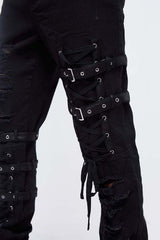 Black Asymmetric Loops Ragged Punk Rock Broken Holes Bandage Mens Pants - Product - 8