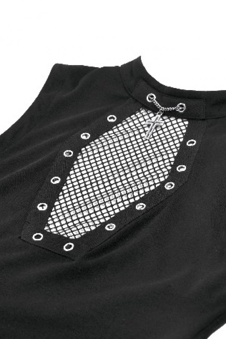 Black Women's Punk Cross Eyelet Cut-Out Coffin Mesh Splice Tank Top - Product - 11