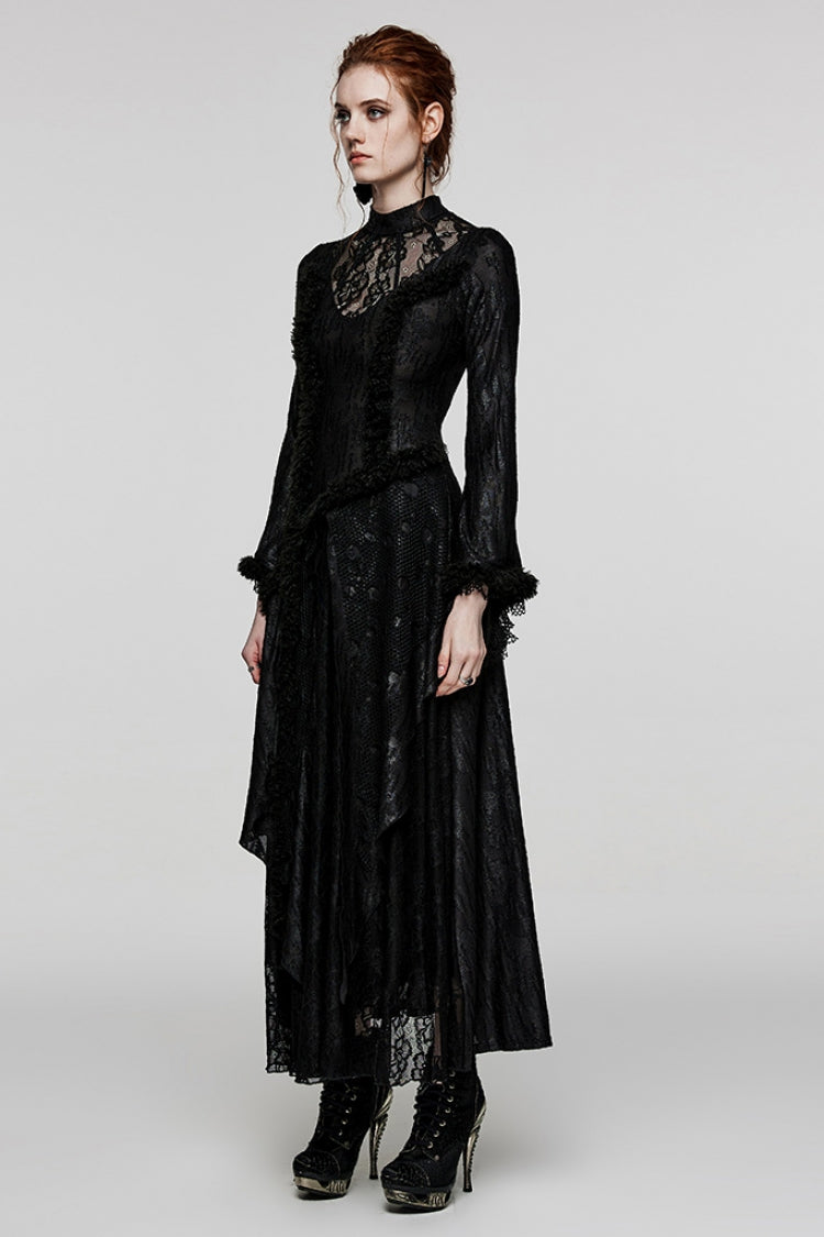Black Long Trumpet Sleeves Hollow Stitching Lace Mesh Women's Gothic Dress - Product - 2