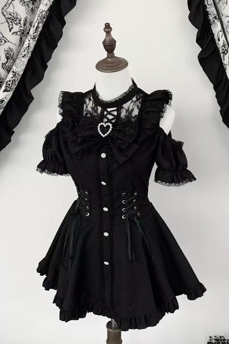 [Silver Candle Elegy”] Short Sleeves Printed Ruffled Cut-Out Bow Gothic Jirai Kei Top and Shorts Set 2 Colors - Black - 1