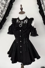 [Silver Candle Elegy”] Short Sleeves Printed Ruffled Cut-Out Bow Gothic Jirai Kei Top and Shorts Set 2 Colors - Black - 1