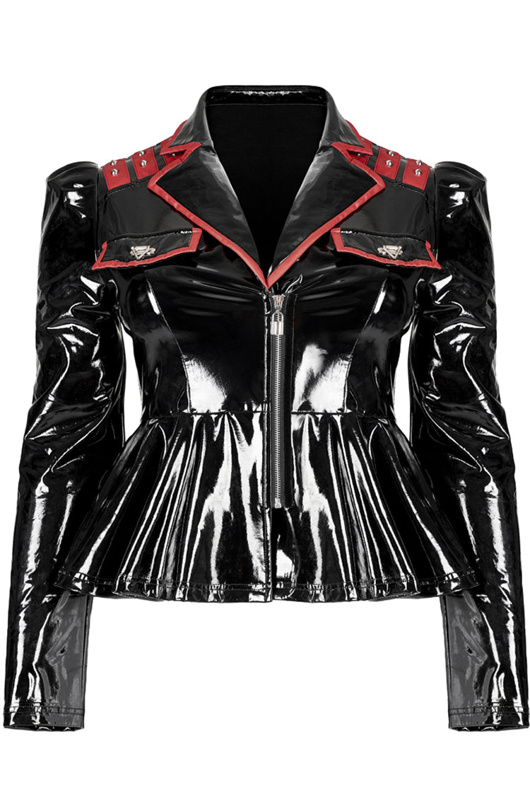 Black/Red Patent Leather Lapel Pleated Slim Fit Faux Leather Long Sleeve Punk Women's Jacket - Product - 4