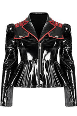 Black/Red Patent Leather Lapel Pleated Slim Fit Faux Leather Long Sleeve Punk Women's Jacket - Product - 4