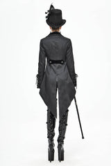 Black Front Decals Metal Button Lace-Up Cuff Dovetail Hem Striped Jacquard Women's Gothic Coat - Product - 7
