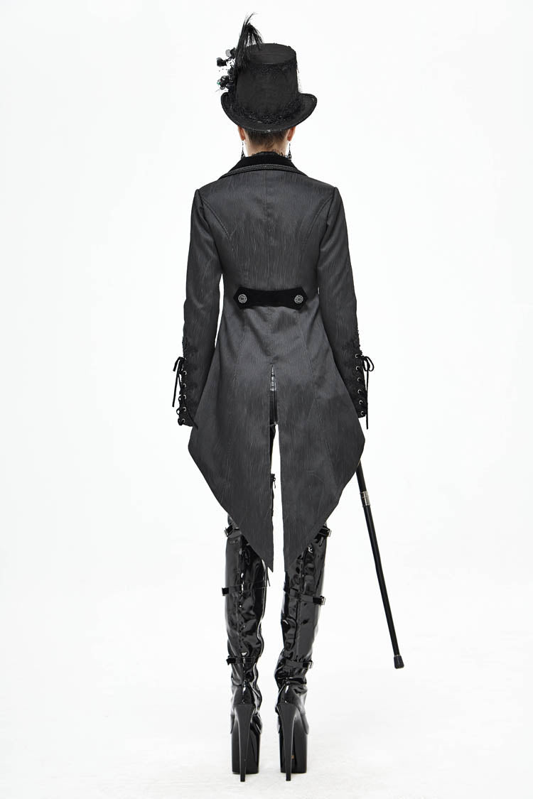 Black Front Decals Metal Button Lace-Up Cuff Dovetail Hem Striped Jacquard Women's Gothic Coat - Product - 7